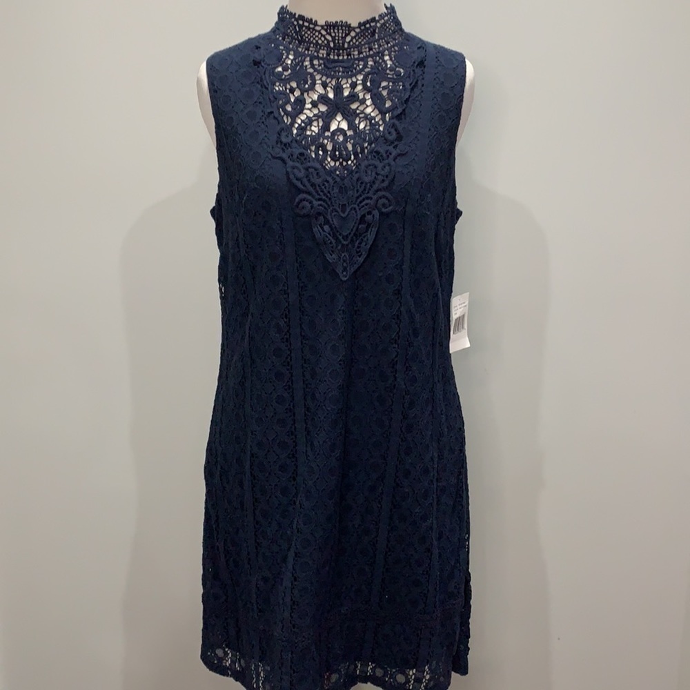 NWT- Jodi Kristopher Navy High Neck Crochet/Lace Dress